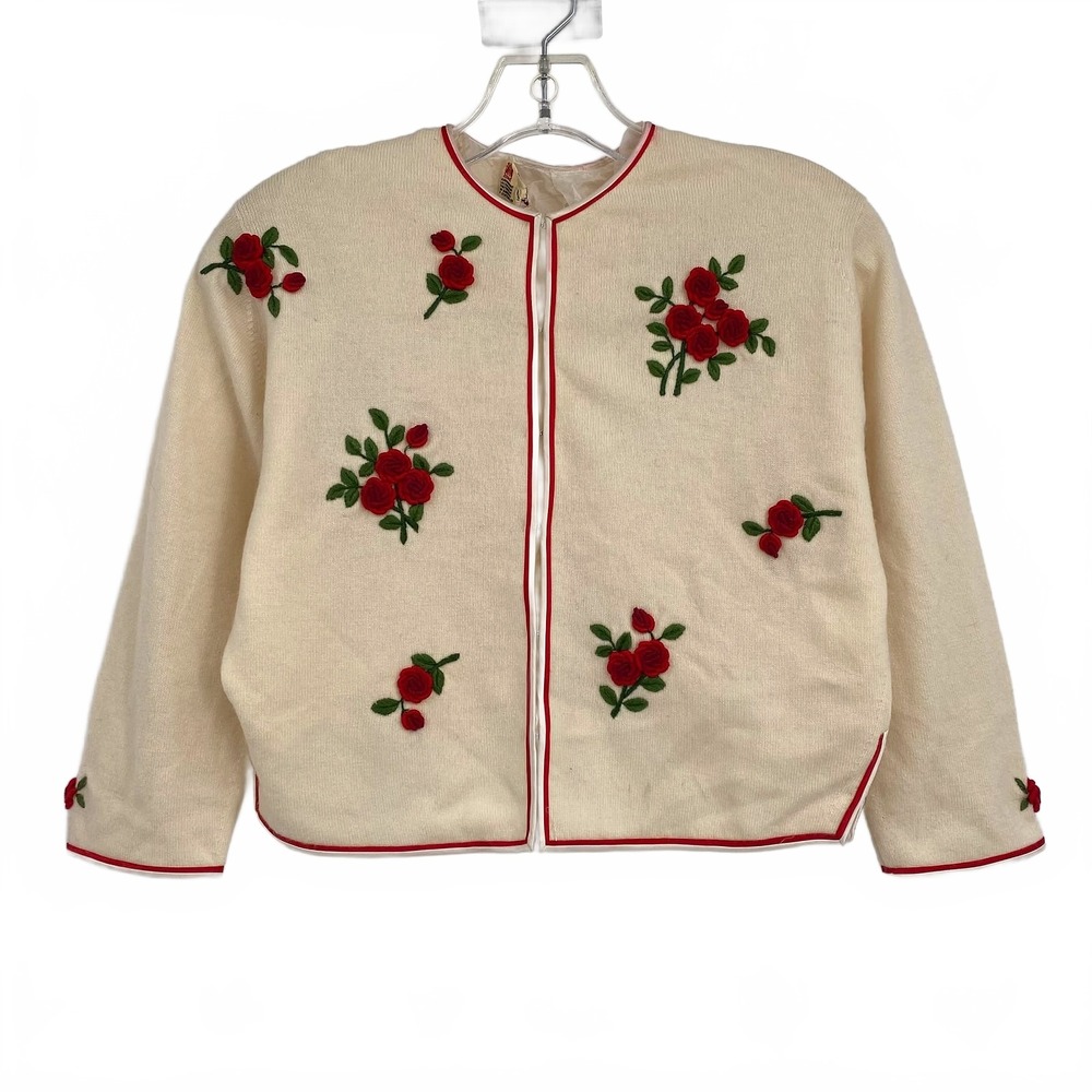 Pringle Cream Red Vintage Embroidered Rose Cashmere Cardigan | OS